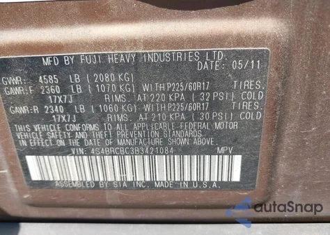 2011 Subaru Outback 2.5I Premium from USA, damaged, VIN 4S4BRCBC3B3421084
